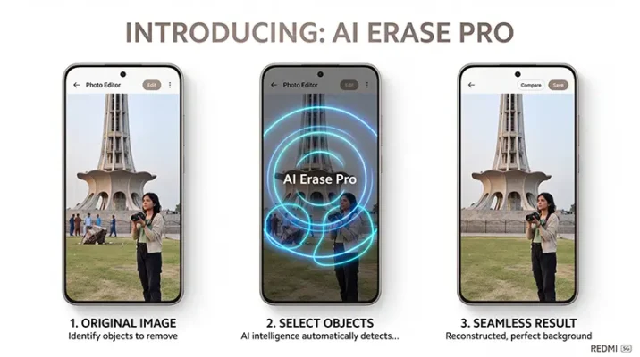 Xiaomi HyperOS 2.0 AI Erase Pro feature demonstration removing photobombers on Redmi Note 15.