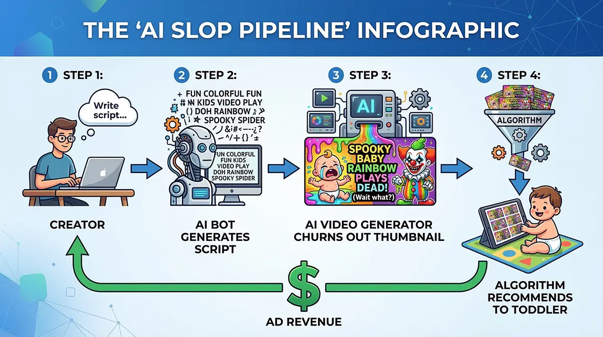 Infographic flowchart explaining the automated pipeline, from AI generation to algorithm distribution, of the YouTube AI slop problem.
