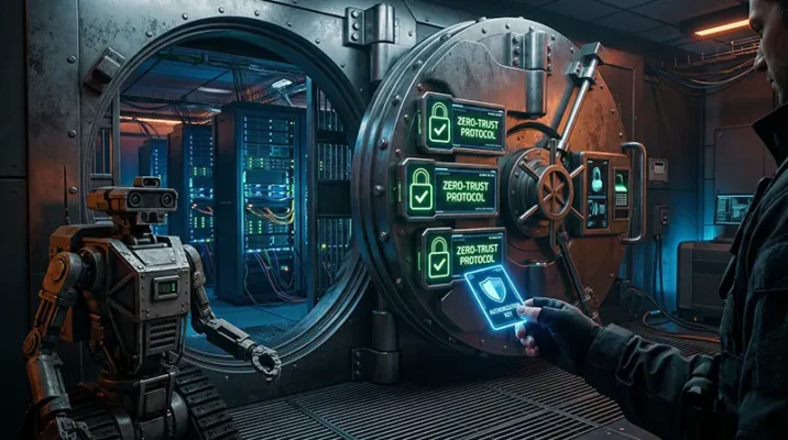 Conceptual image of a human securing a digital server vault from an AI robot using zero-trust protocols and the Principle of Least Privilege.