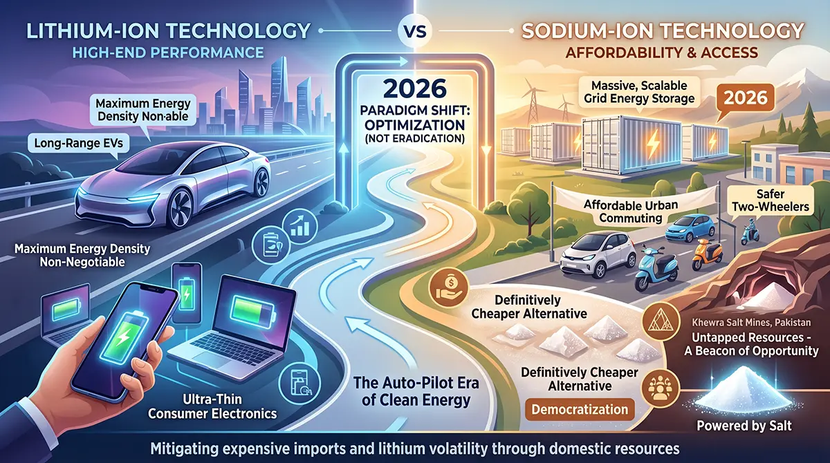 Visual summary graphic showing lithium-ion optimizing high-end EVs and electronics, while sodium-ion democratizes grid storage, urban commuting, and two-wheelers.