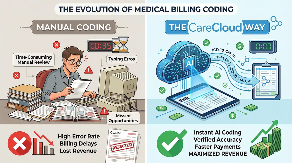 An infographic comparing traditional manual coding (the old way) versus AI-powered machine learning automated medical billing services in CareCloud software (the new way).
