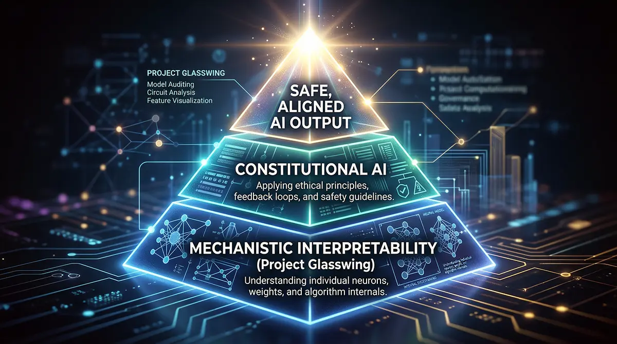 A structural pyramid diagram outlining the Anthropic Mythos: the base layer is 'Mechanistic Interpretability (Project Glasswing)', the middle is 'Constitutional AI', and the glowing peak represents 'Safe, Aligned AI Output'.