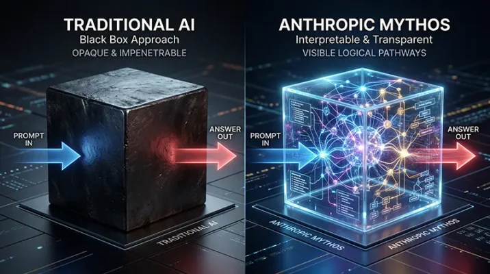 3D comparison of a traditional opaque black box AI alongside a transparent, glowing glass box representing the Anthropic AI development philosophy.