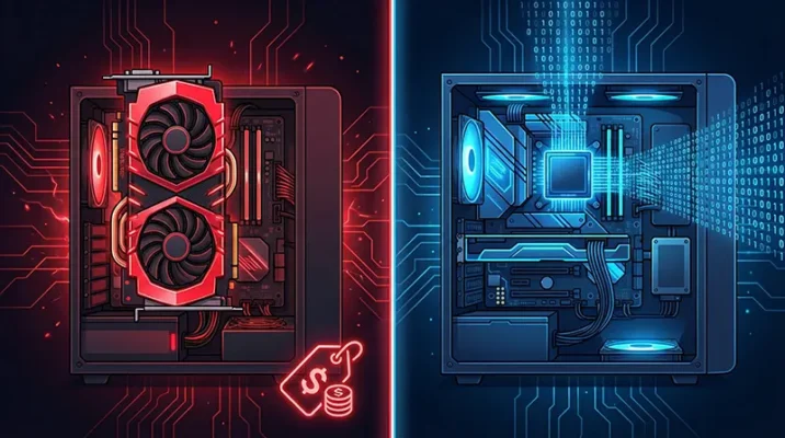 Split-screen vector art showing a budget PC case dominated by a large red graphics card on the left, compared to a PC case with a glowing blue NPU handling data streams on the right.
