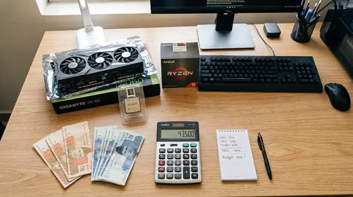Pakistani Rupee notes scattered carefully next to a mid-range graphics card and a standard desktop processor on a builder's desk.