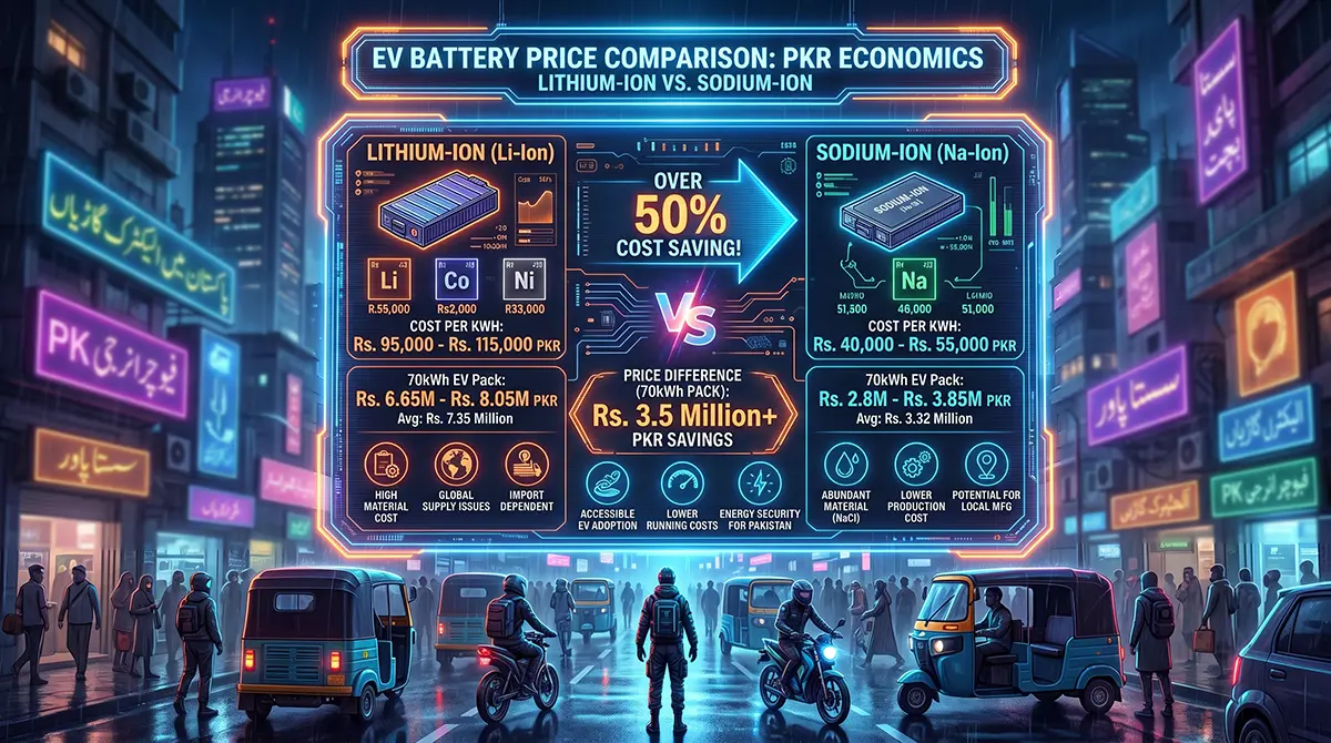 Holographic scale comparing the high cost of a lithium battery against the much lower PKR cost of a sodium-ion battery.