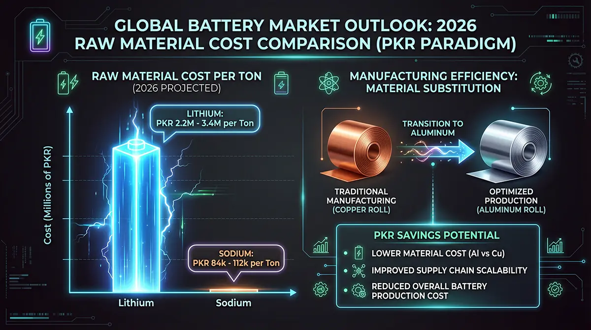 Infographic comparing the high raw material cost of lithium to the significantly lower cost of sodium in Pakistani Rupees (PKR), plus copper to aluminum manufacturing savings.