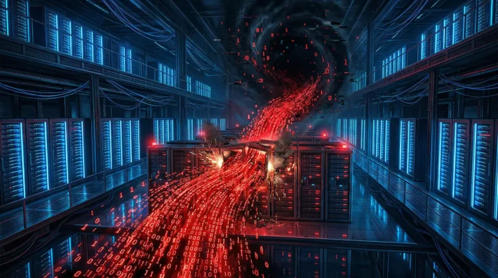 Dramatic illustration of data bleeding from a high-performance China supercomputer server room during a massive cyberattack.