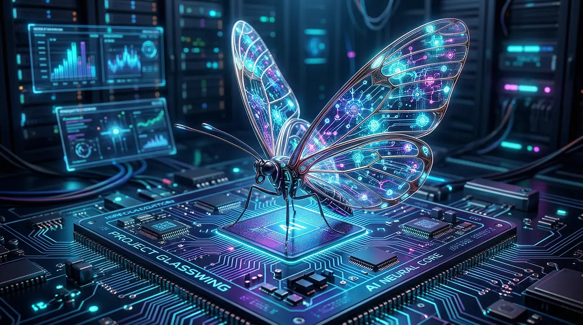 High-tech illustration of a transparent glasswing butterfly on a glowing microchip, representing Project Glasswing and the Claude Mythos.