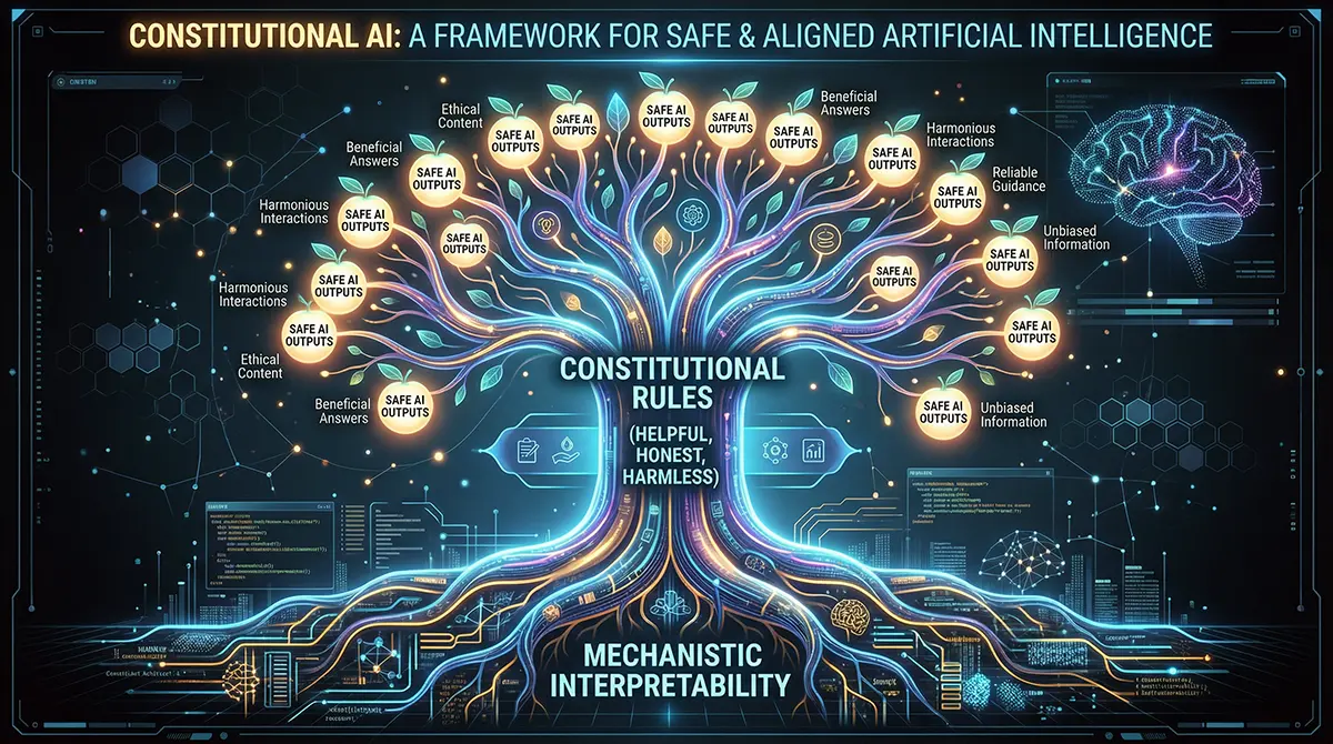Infographic diagram of a digital tree showing mechanistic interpretability as roots, constitutional rules as the trunk, and safe AI outputs as glowing branches.