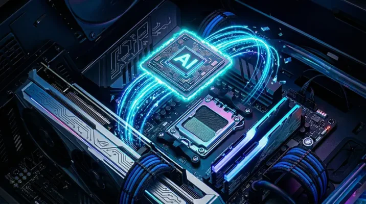 A cyberpunk-style glowing Neural Processing Unit (NPU) hovering above a modern PC motherboard, connected by dynamic light trails to the CPU and GPU.
