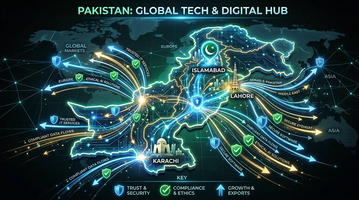 A stylized map of Pakistan highlighting glowing tech hubs in Karachi, Lahore, and Islamabad exporting trusted, compliant ethical AI services to global markets, symbolized by shield and checkmark icons.