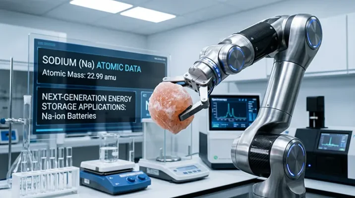 Ultra-modern robotic arm analyzing a glowing chunk of raw pink rock salt with holographic atomic data overlays.