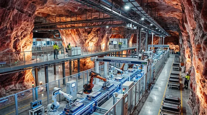 Futuristic robotic battery assembly line integrated directly into the ancient pink cavern walls of the Khewra salt mines in Pakistan.