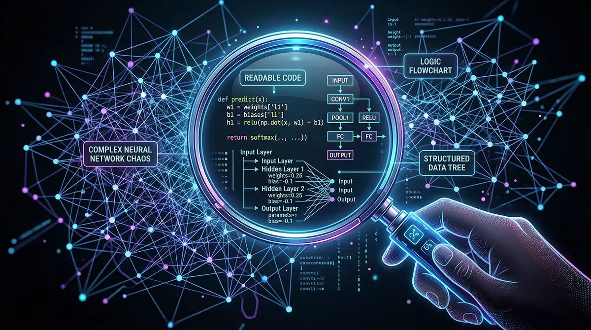 Digital magnifying glass decoding a complex neural network into readable logic flowcharts, illustrating mechanistic interpretability in LLMs.