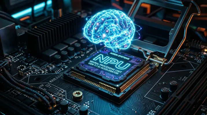 A glowing Neural Processing Unit (NPU) emitting a holographic brain on a PC motherboard, representing modern AI hardware.