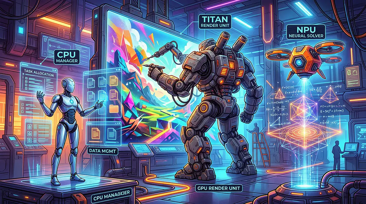 3D concept of three robots in a factory: a sleek manager (CPU), a massive mechanical titan (GPU) painting a mural, and a specialized drone (NPU) solving a glowing math puzzle.