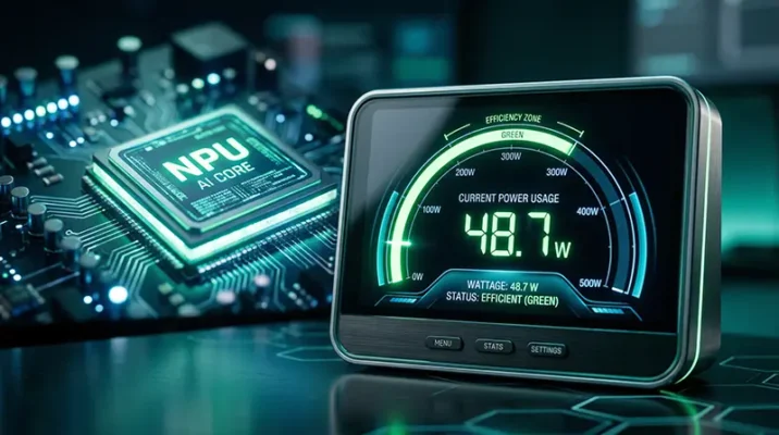A digital power meter showing a low wattage reading in the green zone, with an NPU chip softly blurred in the background.