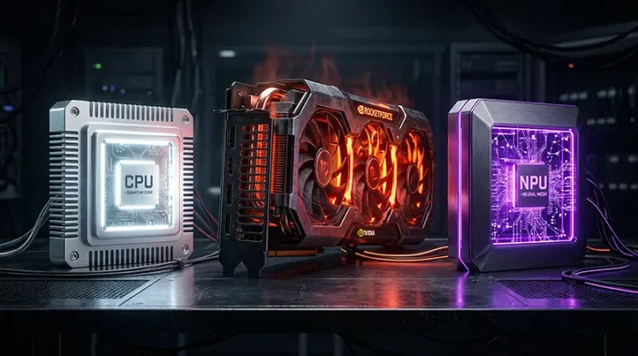 A 3D render comparing a silver CPU, a large red GPU, and a glowing purple NPU chip side-by-side on a dark table.