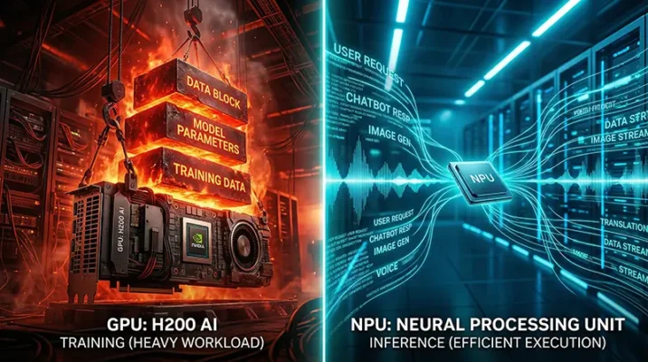 Split screen showing a large GPU handling heavy AI training blocks in red light, and a small NPU processing nimble AI inference data in cyan light.