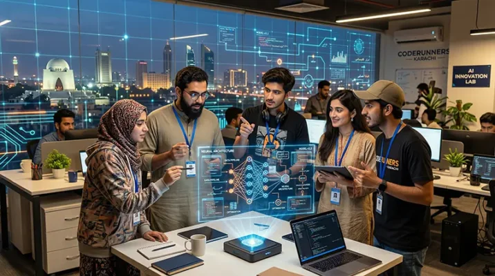 Diverse team of Pakistani software developers collaborating around a holographic transparent AI model with the Minar-e-Pakistan in the background.