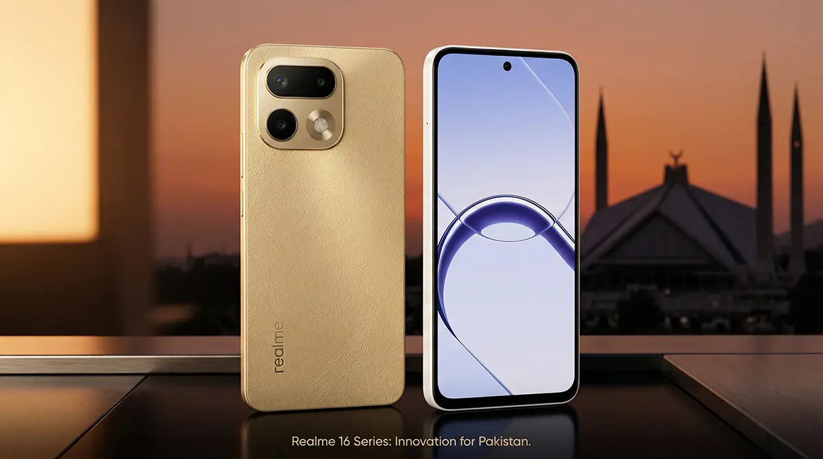 Realme 16 5G and Realme 16 Pro 5G smartphones side-by-side showcasing their design in front of a Pakistani landmark.