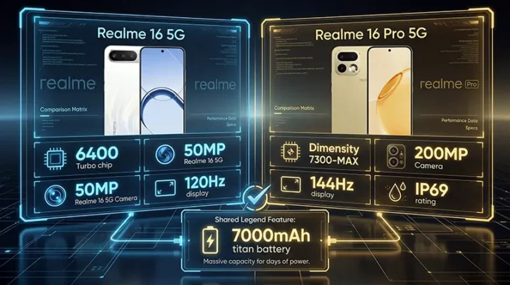 Side-by-side specification comparison chart between the Realme 16 5G and Realme 16 Pro 5G smartphones in Pakistan.