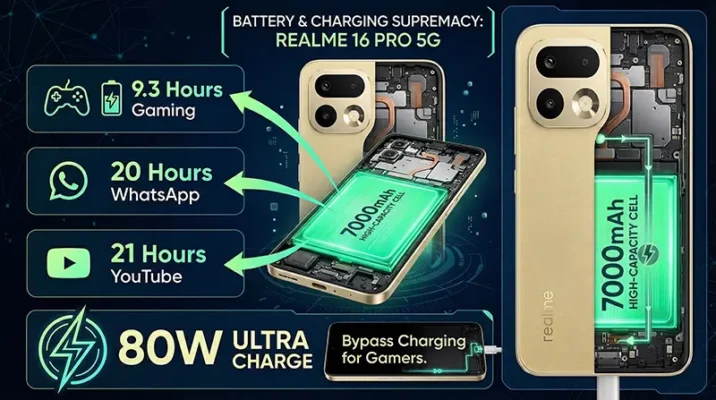 Infographic showing the internal 7000mAh battery of the Realme 16 Pro 5G with usage stats and 80W bypass charging details.