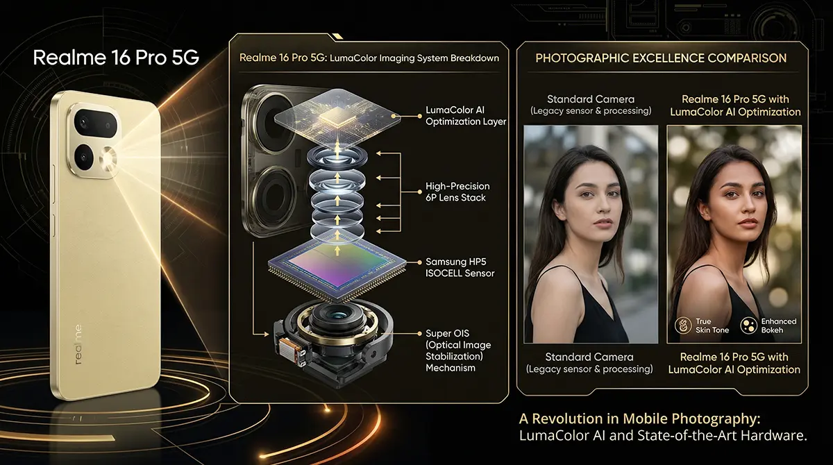 Exploded view infographic of the Realme 16 Pro 5G Camera detailing the 200MP Samsung HP5 sensor, Super OIS, and LumaColor AI comparison.