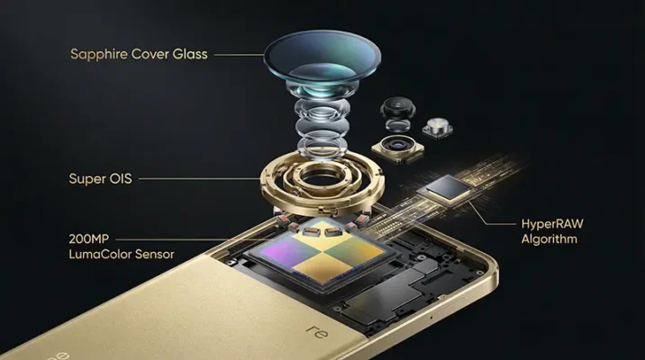 Exploded view diagram of the Realme 16 Pro 5G Camera module featuring the 200MP LumaColor sensor and Super OIS technology.