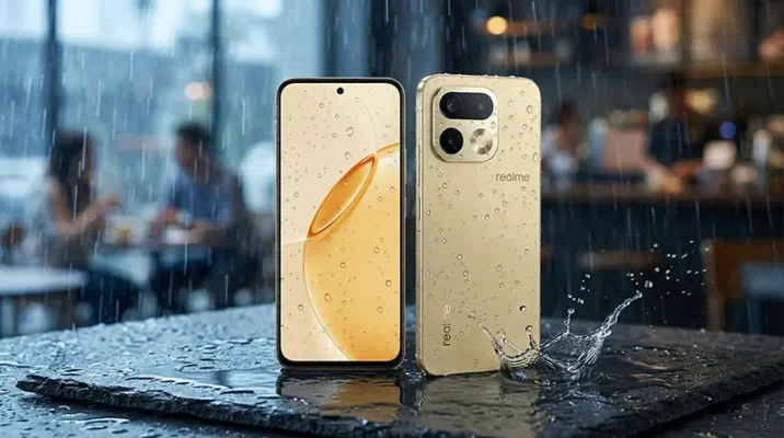 Realme 16 Pro 5G demonstrating its extreme IP69 water and dust resistance with rain droplets on its screen and textured back.