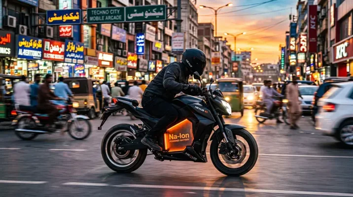 Sleek electric motorcycle powered by a sodium-ion battery speeding through a vibrant, neon-lit tech hub street in Karachi.