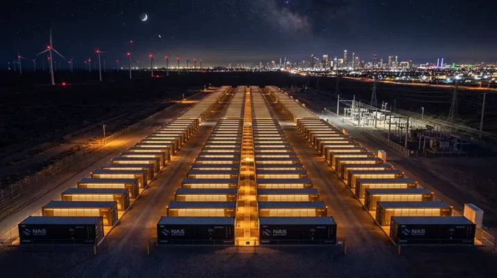 Nighttime aerial drone view of a massive sodium-ion battery grid energy storage park glowing with amber lights.