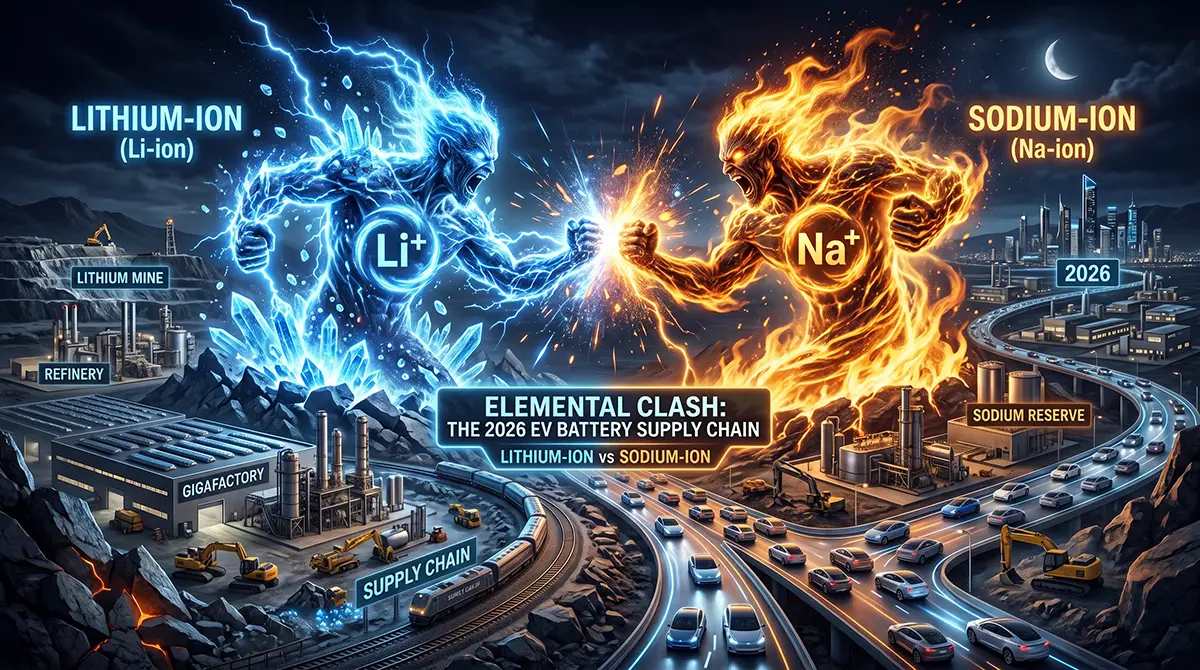 Sodium-ion vs lithium-ion. Cinematic split comparison of a blue lithium crystal and an amber sodium rock salt crystal inside a futuristic gigafactory.