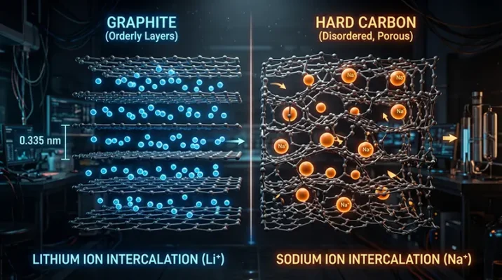 3D scientific diagram comparing orderly lithium-ion intercalation in graphite versus disordered sodium-ion intercalation in porous hard carbon.
