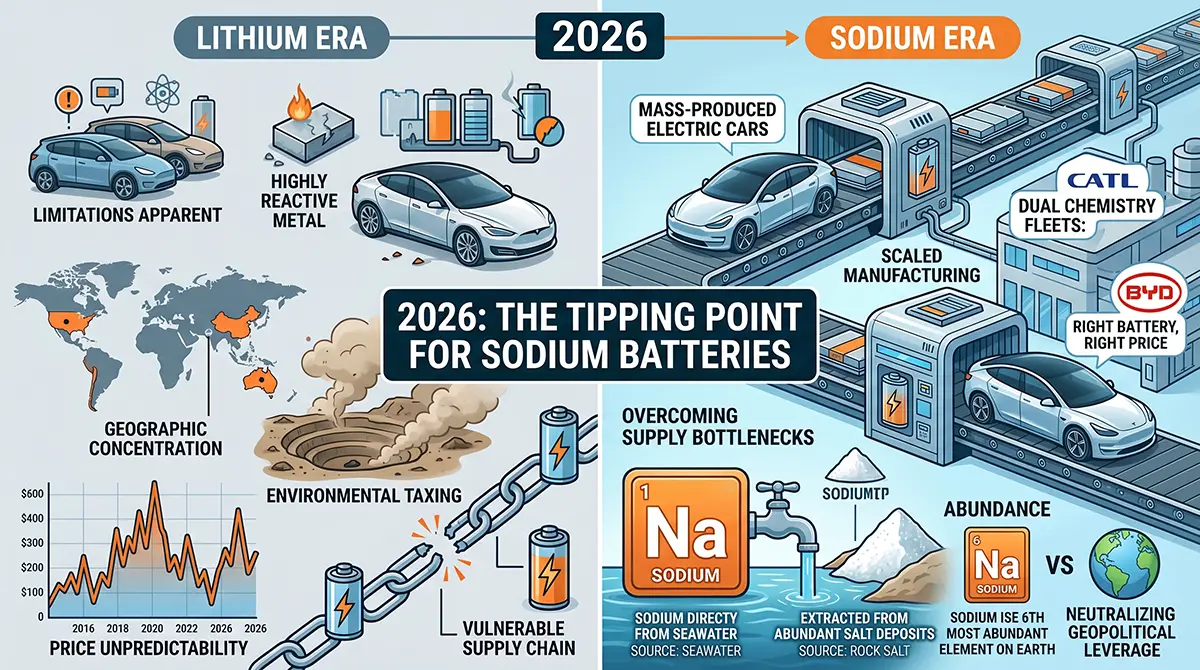 Infographic contrasting the limitations of the lithium era with the scalable, abundant, and mass-produced reality of the 2026 sodium era.