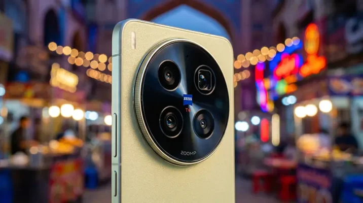 Close up of the Vivo X300 Ultra camera module featuring ZEISS optics and a 200MP primary sensor against a blurred street background.