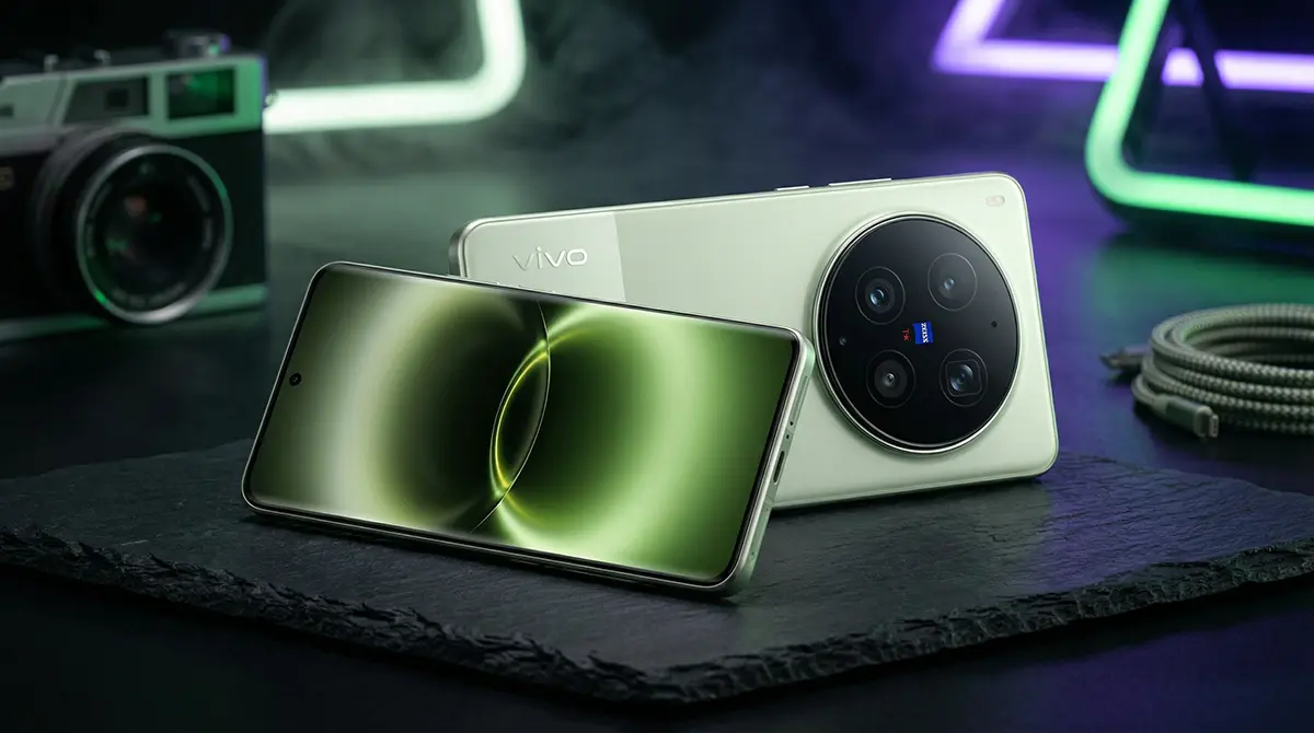 Vivo X300 Ultra flagship smartphone in Film Green showcasing its premium curved display and circular camera module.