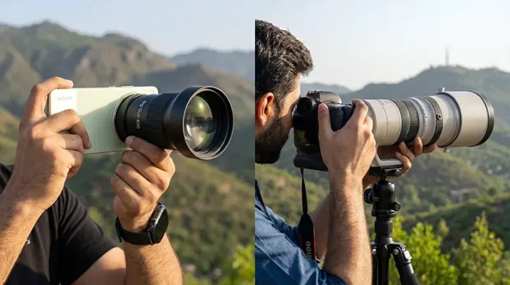 A person holding the Vivo X300 Ultra phone with a physical teleconverter lens attached, compared next to a traditional DSLR camera outdoors.